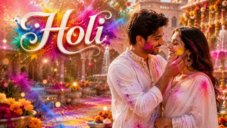 Holi Love Shayari in Hindi featured image of a romantic South Asian couple celebrating the Festival of Colors in a luxurious palace garden with vibrant Holi powder, flowers, and festive decorations