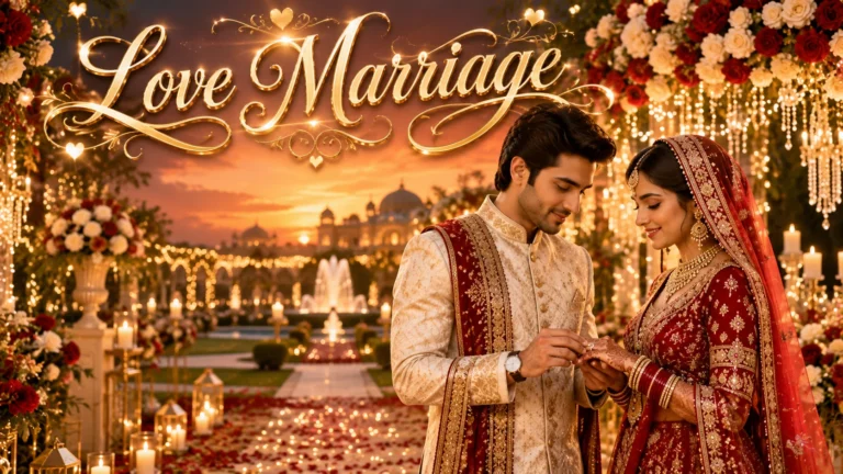 Love Marriage Shayari in Hindi featured image of a South Asian bride and groom exchanging rings with elegant "LOVE MARRIAGE" text above