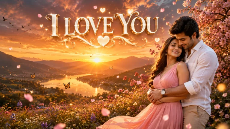 I Love You Shayari in Hindi featured image with a romantic couple at sunset and elegant "I LOVE YOU" text above
