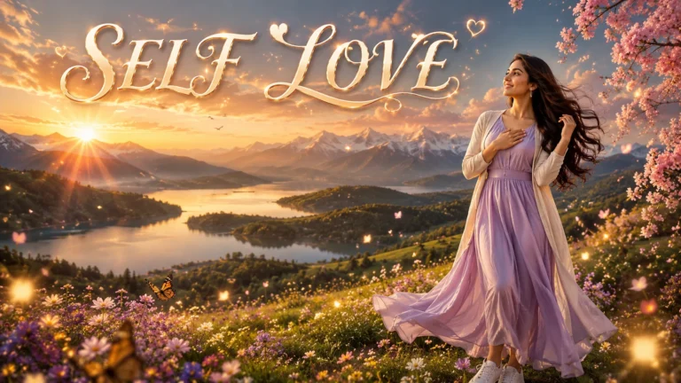 Self Love Shayari in Hindi for Girl featured image of a confident South Asian woman standing on a scenic mountain viewpoint at golden sunrise, surrounded by flowers and nature, symbolizing self-love, confidence, inner peace, positivity, and personal growth