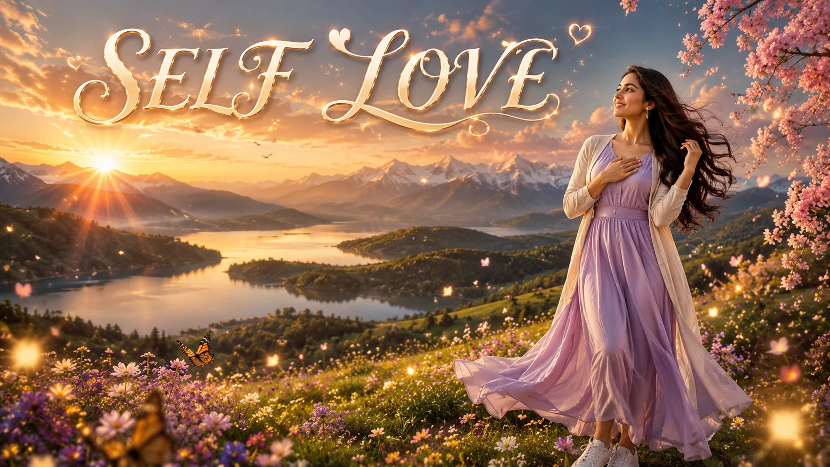 Self Love Shayari in Hindi for Girl featured image of a confident South Asian woman standing on a scenic mountain viewpoint at golden sunrise, surrounded by flowers and nature, symbolizing self-love, confidence, inner peace, positivity, and personal growth