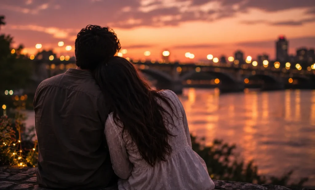 Romantic Love Shayari in Hindi featuring a loving couple sitting beside a peaceful lake at sunset with mountain views, glowing reflections on the water, and a candle-lit romantic atmosphere in stunning 4K quality.
