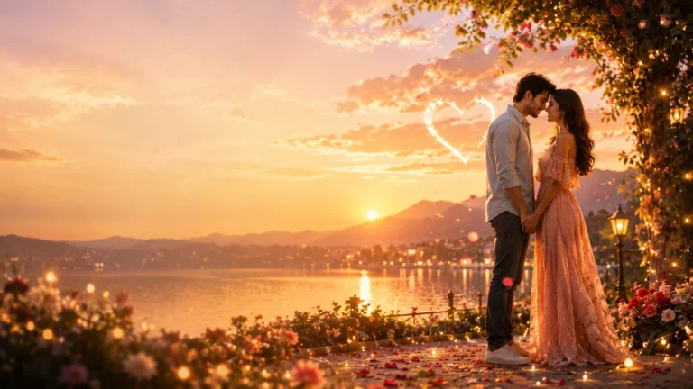 2 Line Love Shayari Hindi Romantic couple holding hands at sunset beside a peaceful lake with glowing heart lights, flowers, and a dreamy atmosphere for 2 Line Love.