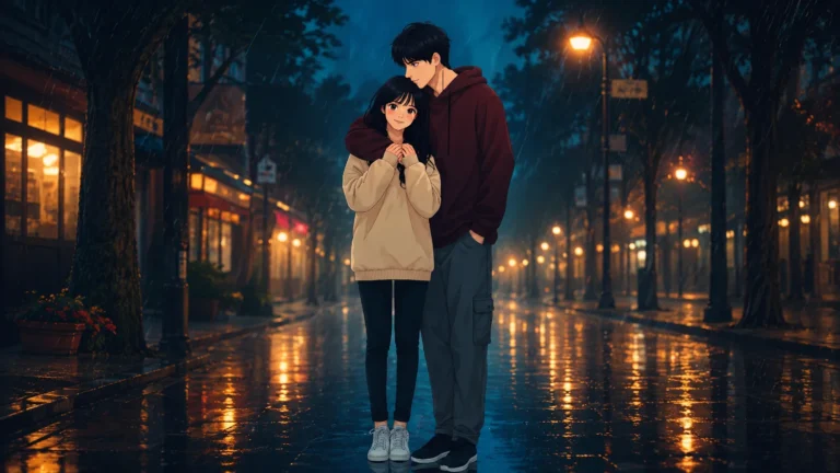 Love Status in Hindi Anime couple hugging on a rainy night street with glowing city lights, expressing love, comfort, and romance.