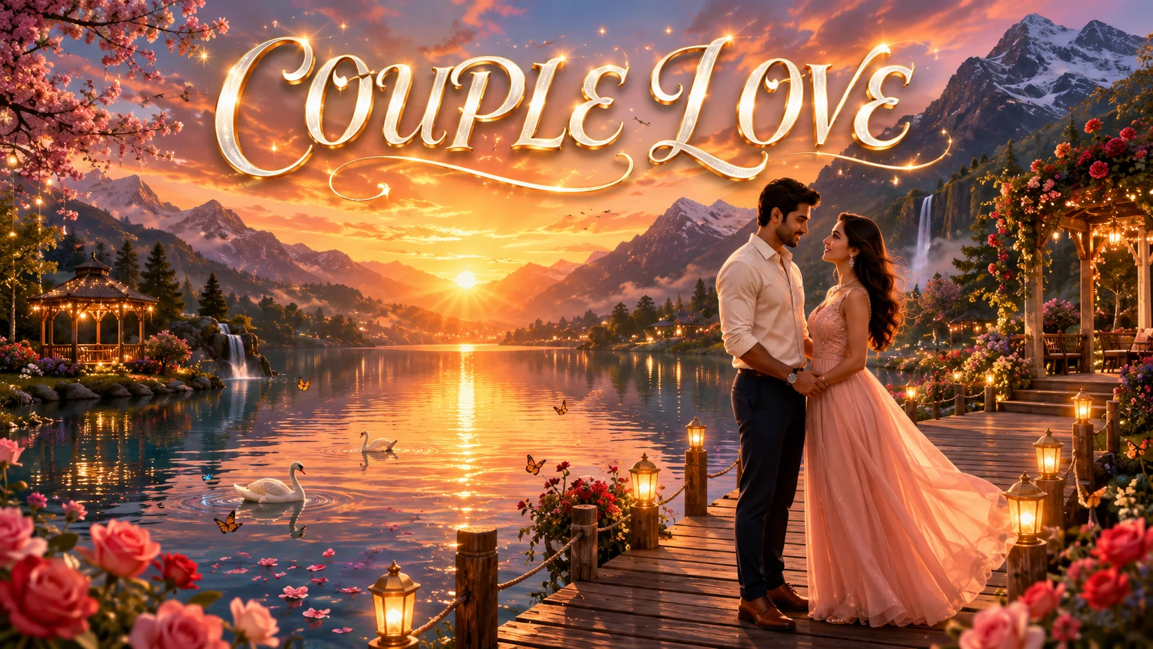 Couple Love Shayari in Hindi featured image showing a romantic South Asian couple holding hands on a wooden pier beside a peaceful lake during a golden sunset with elegant "COUPLE LOVE" typography.