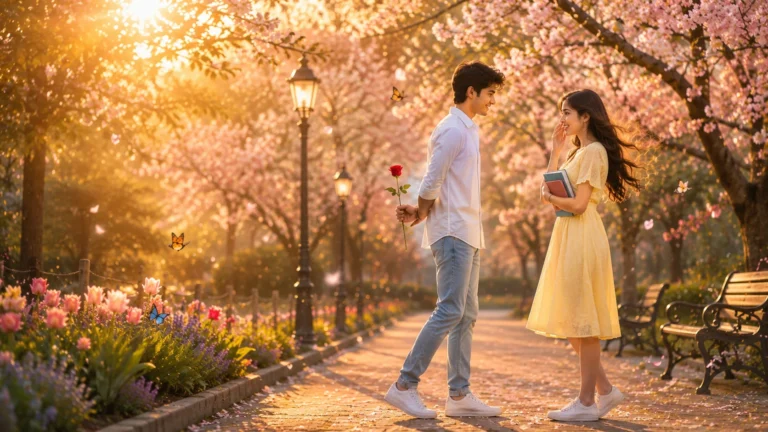 First Love Shayari in Hindi featured image of a young couple sharing their first romantic moment in a cherry blossom park during golden hour
