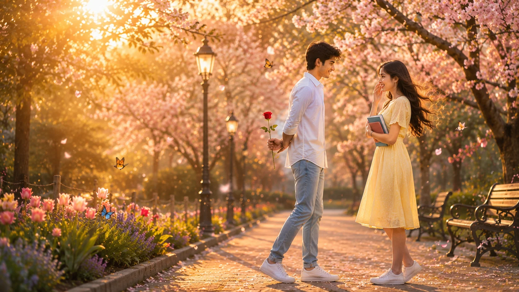 First Love Shayari in Hindi featured image of a young couple sharing their first romantic moment in a cherry blossom park during golden hour