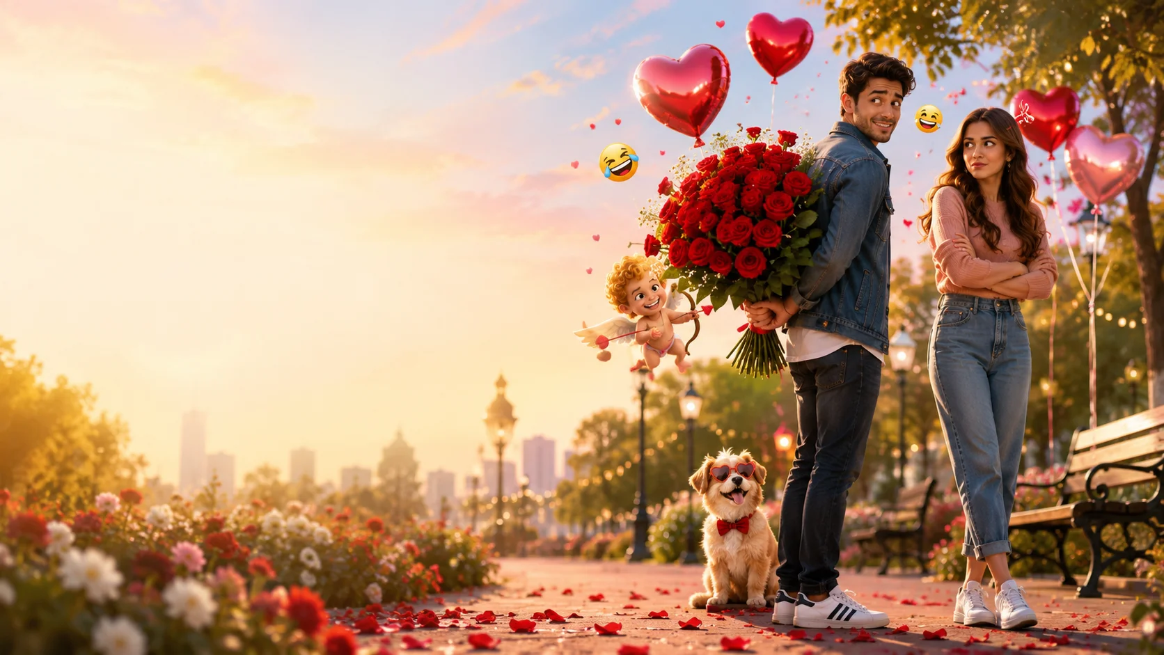 Hindi Shayari Love Funny Love Funny illustration of a romantic couple sharing a humorous moment with roses, heart balloons, and Cupid in a sunset park.