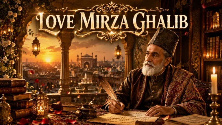 Love Mirza Ghalib Shayari in Hindi featured image with a portrait of Mirza Ghalib writing poetry and elegant "LOVE MIRZA GHALIB" text above