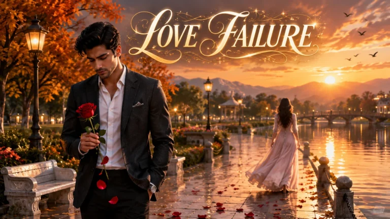 Love Failure Shayari in Hindi young South Asian man holding a red rose on a luxury riverside promenade at golden sunset while a woman walks away in the distance, symbolizing love failure, heartbreak, loneliness, and emotional separation.