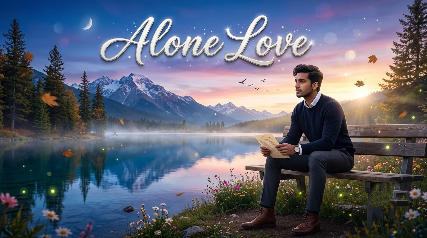 Alone Love Shayari in Hindi A thoughtful man sitting on a wooden bench by a mountain lake at sunset holding a letter with "Alone Love" calligraphy