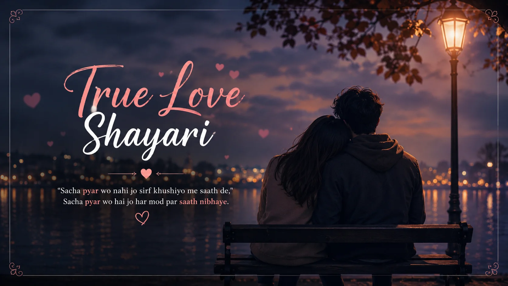 True Love Shayari featured image showing a romantic couple sitting together by a lakeside at night, symbolizing eternal love and deep emotions.