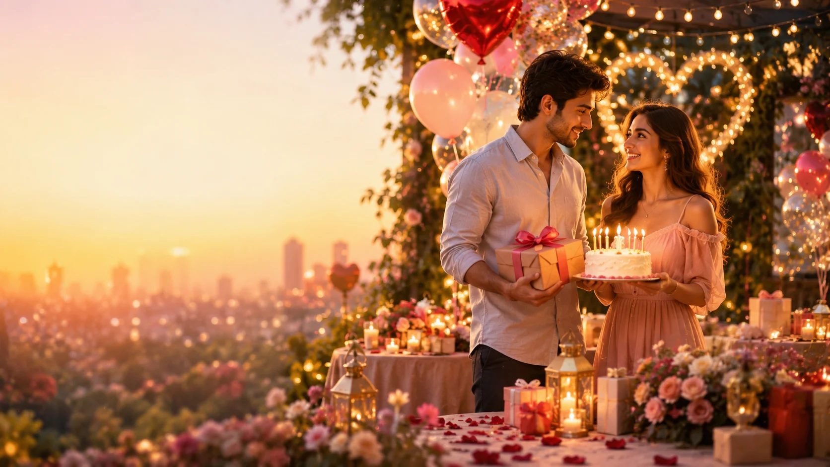 Birthday Hindi Shayari Love Romantic birthday celebration featuring a happy couple with a birthday cake, gift box, heart balloons, and fairy lights in a beautiful sunset garden.