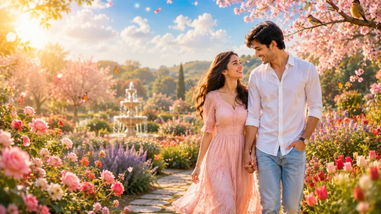 Cute Love Shayari romantic couple holding hands in a beautiful flower garden