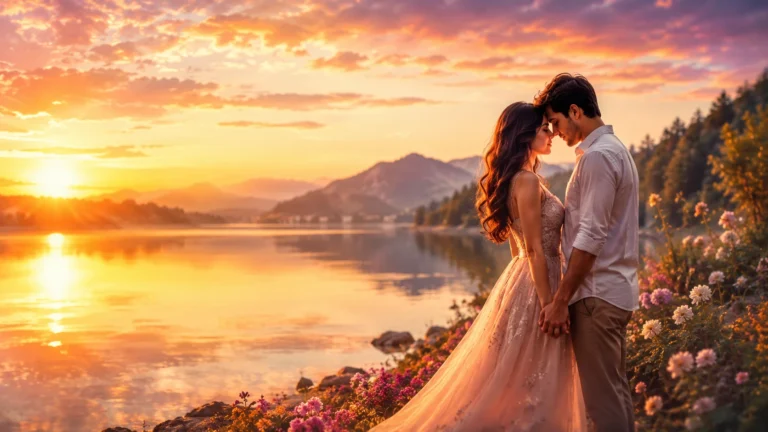 Deep Love Shayari in Hindi romantic couple holding hands by a sunset lake
