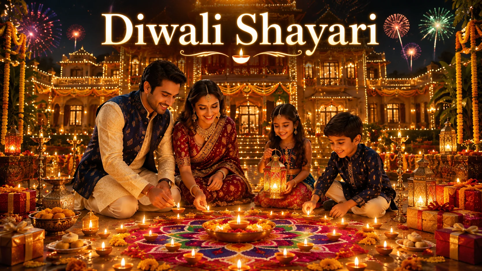 Diwali Shayari for Love in Hindi featured image showing a joyful South Asian family lighting diyas in front of a beautifully decorated home with colorful rangoli, festive lanterns, fireworks, and glowing Diwali lights