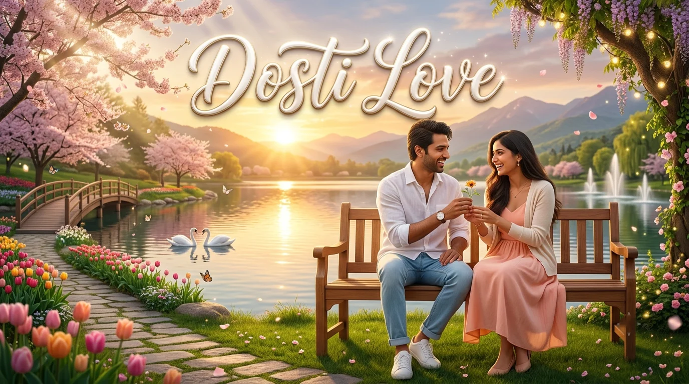 Dosti Love Shayari in Hindi A smiling young man giving a flower to a woman on a park bench by a lake at sunset with Dosti Love calligraphy text