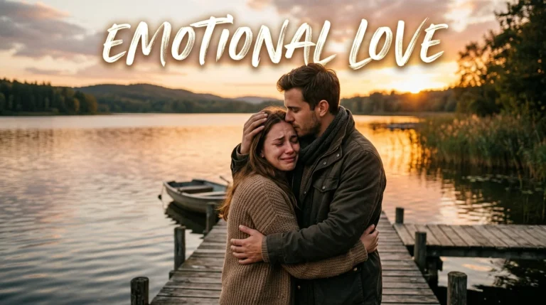 Emotional Love Shayari In Hindi An emotional couple hugging on a wooden dock by a lake at sunset, with 'EMOTIONAL LOVE' text written at the top