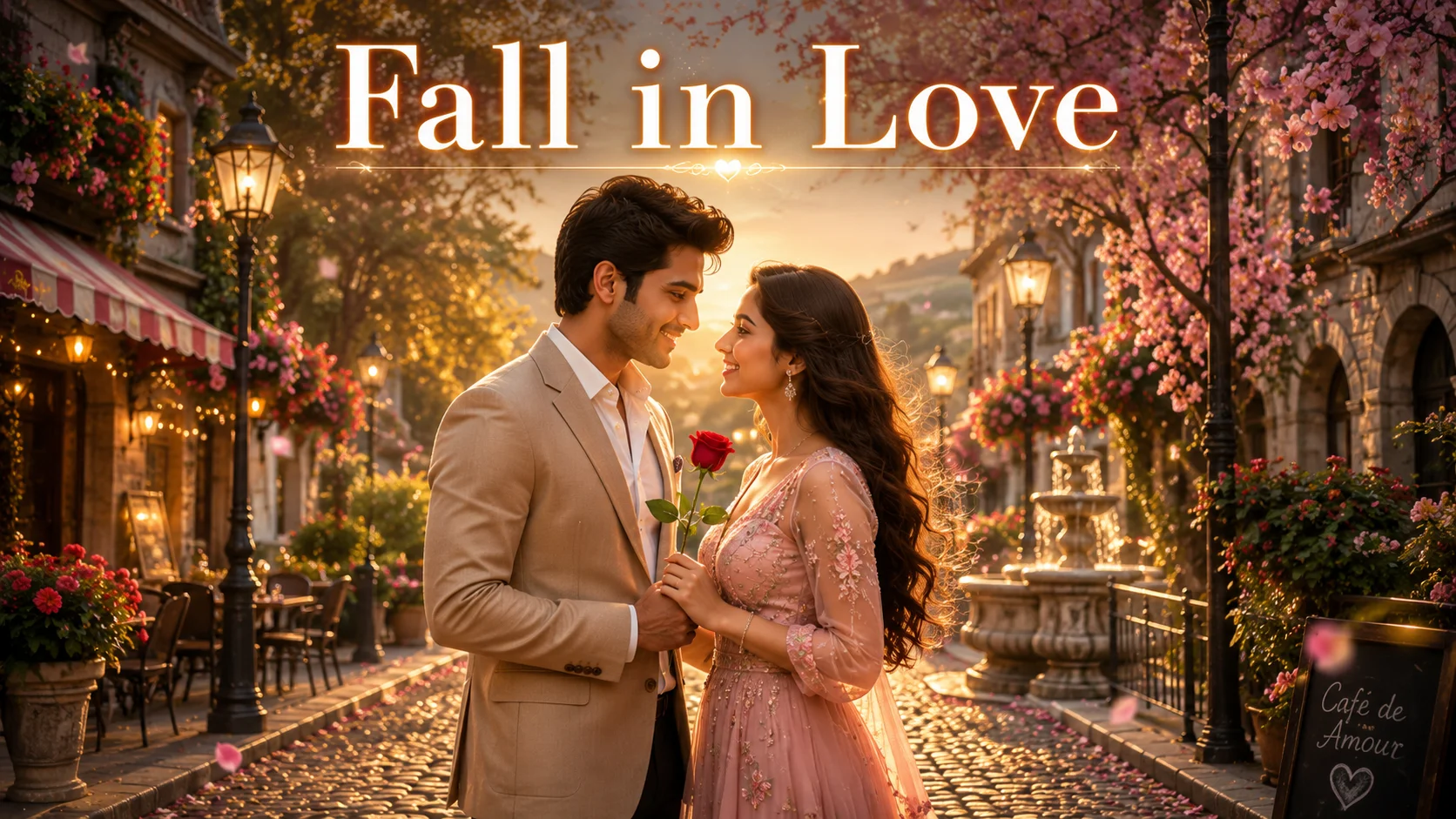 Fall in Love Shayari in Hindi featured image showing a young South Asian couple sharing a red rose on a romantic cobblestone street during golden sunset, surrounded by blooming cherry blossoms and warm cinematic light.