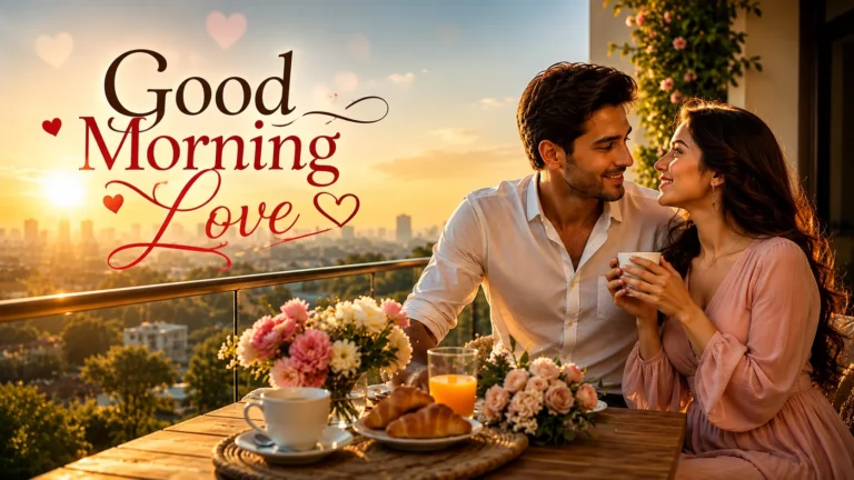 Good Morning Love Shayari in Hindi Love text over a romantic sunrise breakfast scene featuring a happy couple on a luxury balcony with coffee, flowers, and a beautiful city skyline.