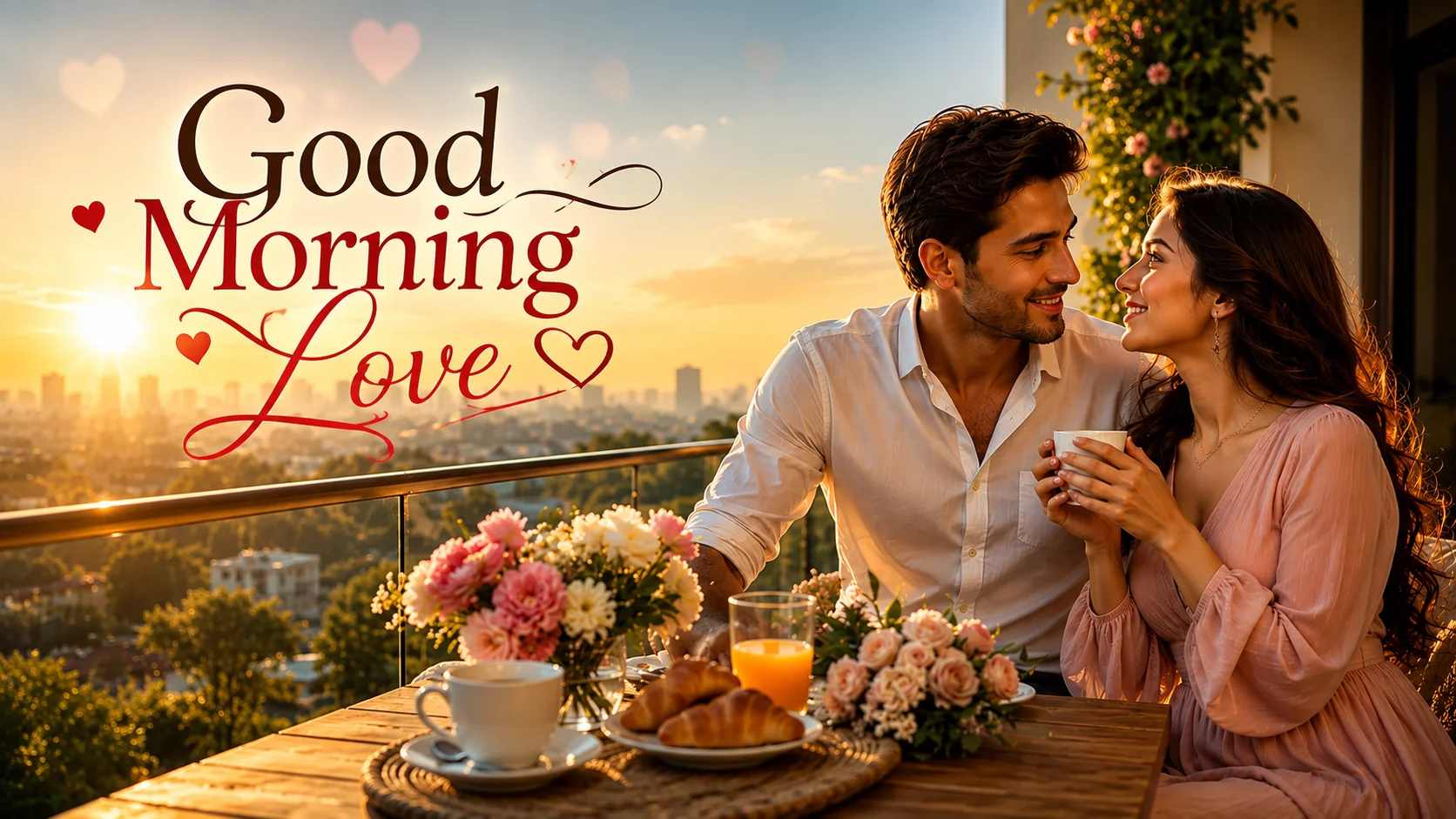 Good Morning Love Shayari in Hindi Love text over a romantic sunrise breakfast scene featuring a happy couple on a luxury balcony with coffee, flowers, and a beautiful city skyline.