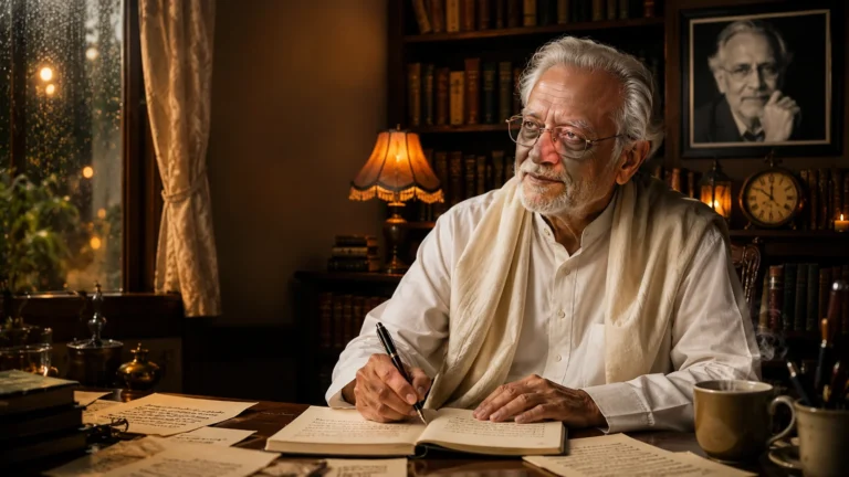 Gulzar Shayari on Love in Hindi ith poet Gulzar writing poetry in a vintage library with warm cinematic lighting