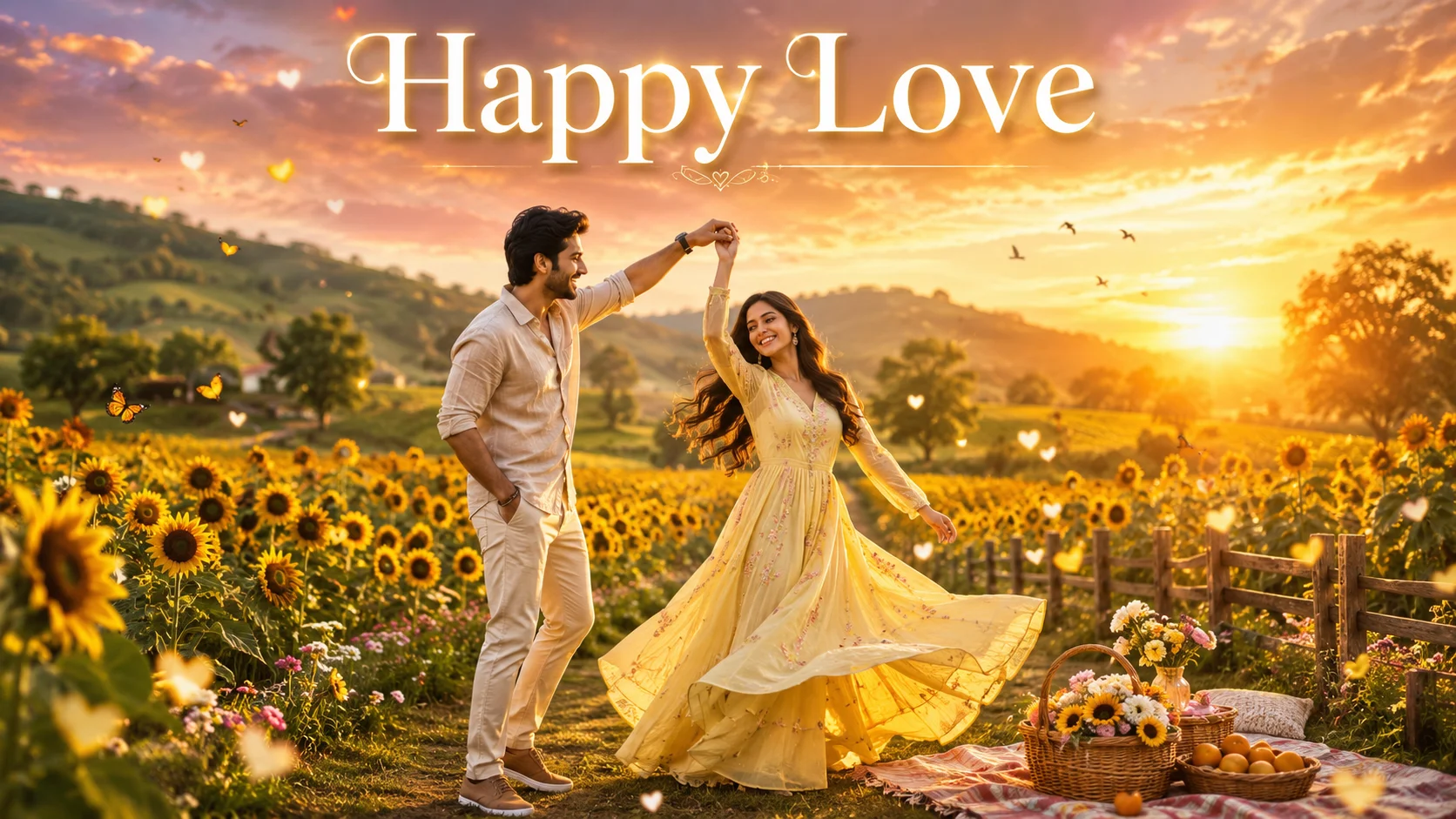 Happy Love Shayari in Hindi Happy Love – A joyful young South Asian couple dancing together in a blooming sunflower field during golden sunset, surrounded by warm cinematic light, wildflowers, butterflies, and a romantic picnic, creating a beautiful scene of love, happiness, and togetherness.