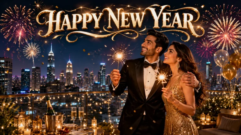 Happy New Year Shayari Hindi Love featured image of a romantic South Asian couple celebrating New Year's Eve with fireworks and HAPPY NEW YEAR text