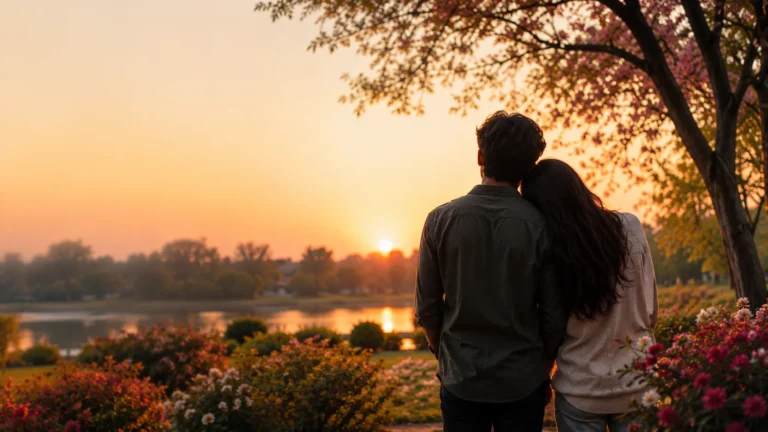 Heart Touching Love Shayari in Hindi featured image showing a romantic couple watching the sunset in a peaceful park with golden light