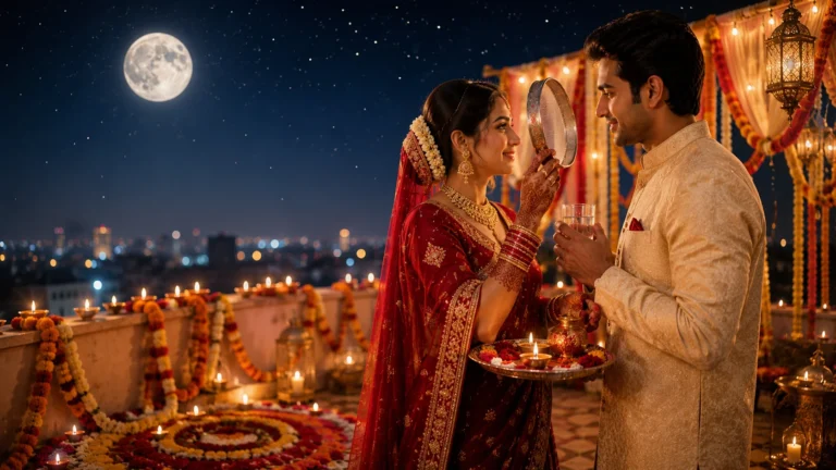 Karwa Chauth Shayari Love in Hindi Karwa Chauth Love Shayari featured image of a married couple celebrating Karwa Chauth under the full moon with a traditional chalni and pooja thali