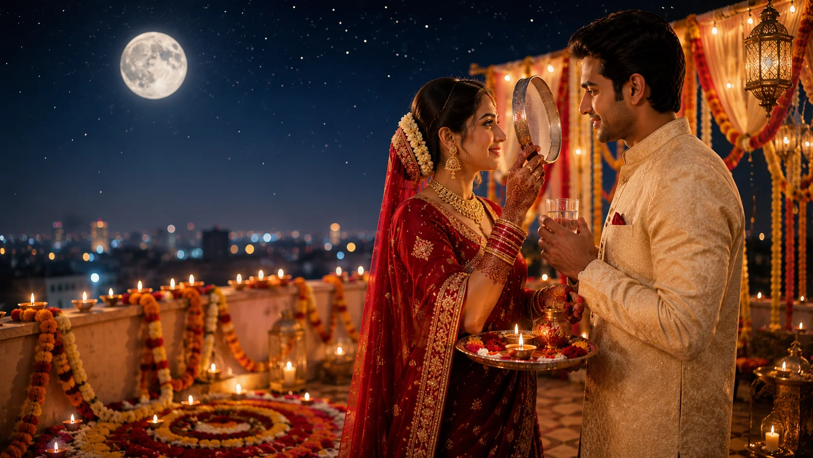 Karwa Chauth Shayari Love in Hindi Karwa Chauth Love Shayari featured image of a married couple celebrating Karwa Chauth under the full moon with a traditional chalni and pooja thali