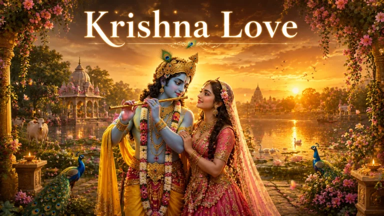 Krishna Love Shayari in Hindi featured image showing Lord Krishna and Radha standing together in the beautiful gardens of Vrindavan at golden sunset, surrounded by lotus flowers, peacocks, the Yamuna River, and a divine spiritual glow