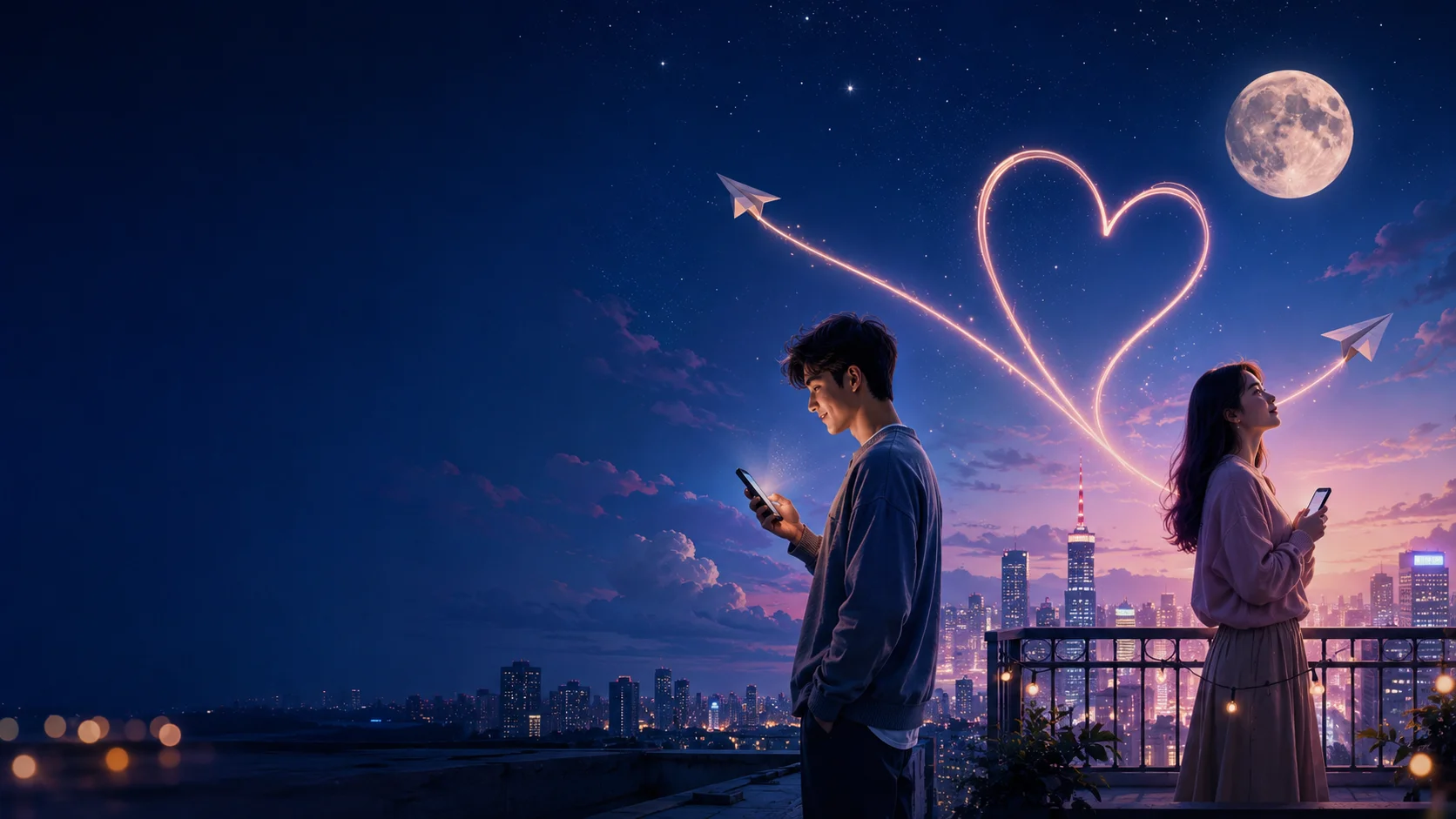 Long Distance Love illustration showing a couple in different cities connected by a glowing heart-shaped light trail under a starry night sky.