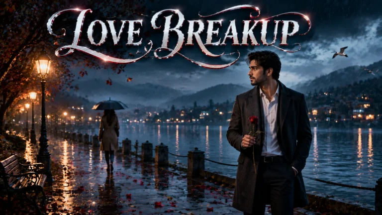 Love Breakup Shayari in Hindi featured image showing a heartbroken South Asian man holding a red rose while a woman walks away in the rain with elegant "LOVE BREAKUP" text