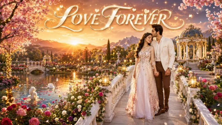Love Forever Shayari in Hindi Love Forever Shayari featuring a romantic South Asian couple at a golden sunset in a luxurious garden.