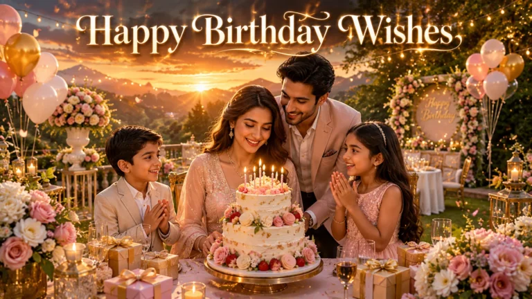 Love Happy Birthday Wishes in Hindi featured image showing a joyful South Asian family celebrating a birthday with a luxury three-tier cake, balloons, flowers, gifts, and a beautiful sunset garden