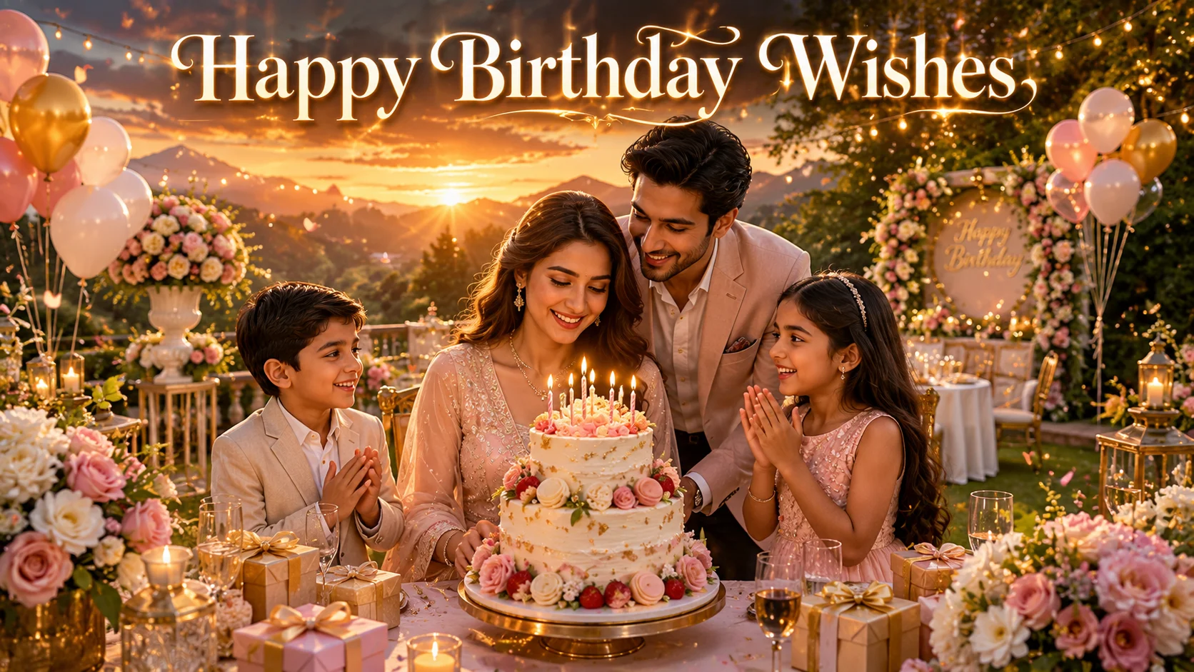 Love Happy Birthday Wishes in Hindi featured image showing a joyful South Asian family celebrating a birthday with a luxury three-tier cake, balloons, flowers, gifts, and a beautiful sunset garden