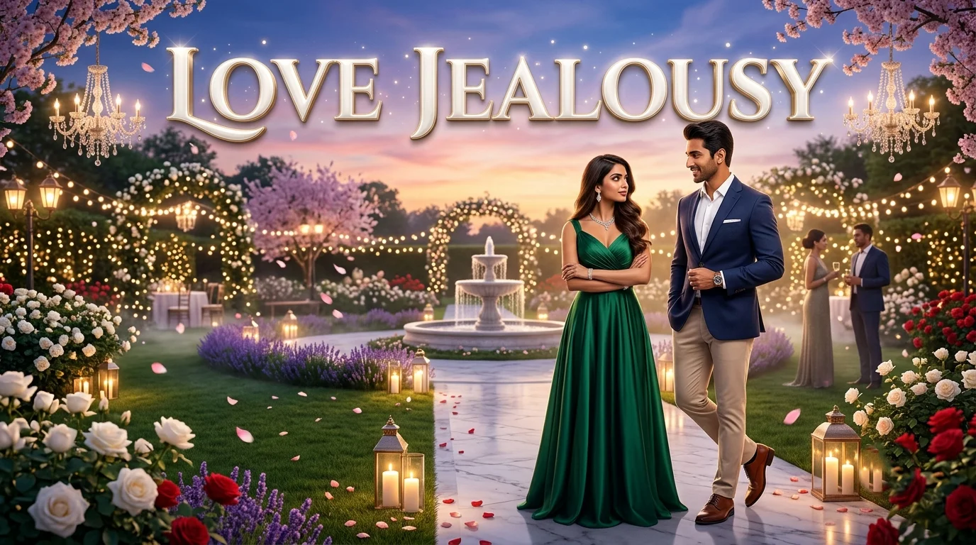 Love Jealousy Shayari in Hindi A elegant woman in an emerald green gown looking playfully possessive at her partner in a luxury garden with Love Jealousy calligraphy text