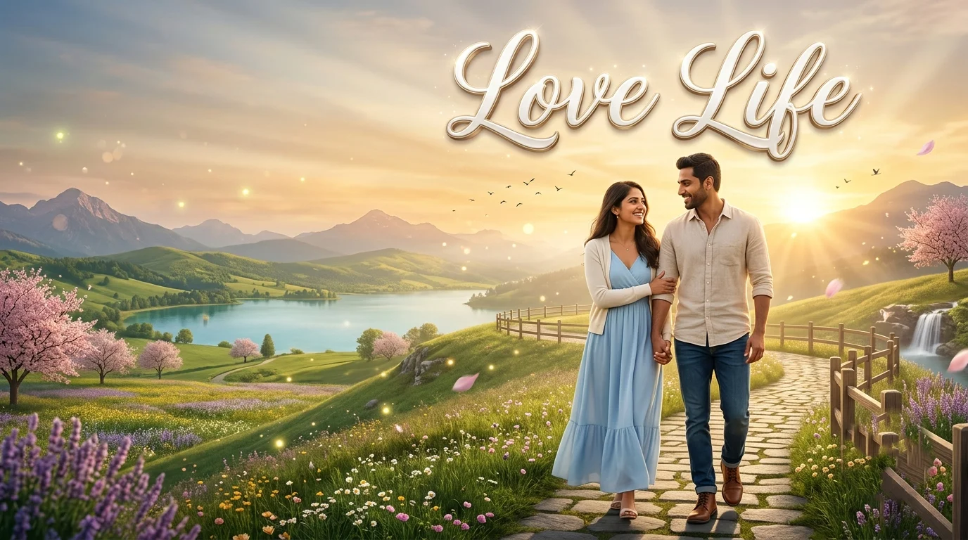 Love Life Shayari in Hindi A romantic South Asian couple walking hand in hand along a picturesque hilltop at sunset with LOVE LIFE calligraphy text