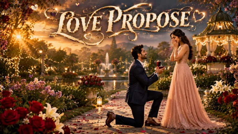 Love Propose Shayari in Hindi featured image of a South Asian man proposing with a diamond ring in a romantic garden with elegant LOVE PROPOSE text