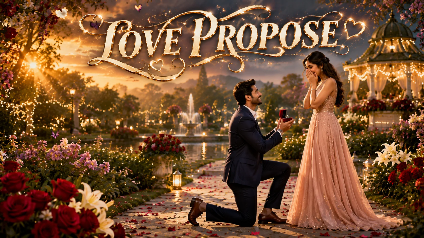 Love Propose Shayari in Hindi featured image of a South Asian man proposing with a diamond ring in a romantic garden with elegant LOVE PROPOSE text