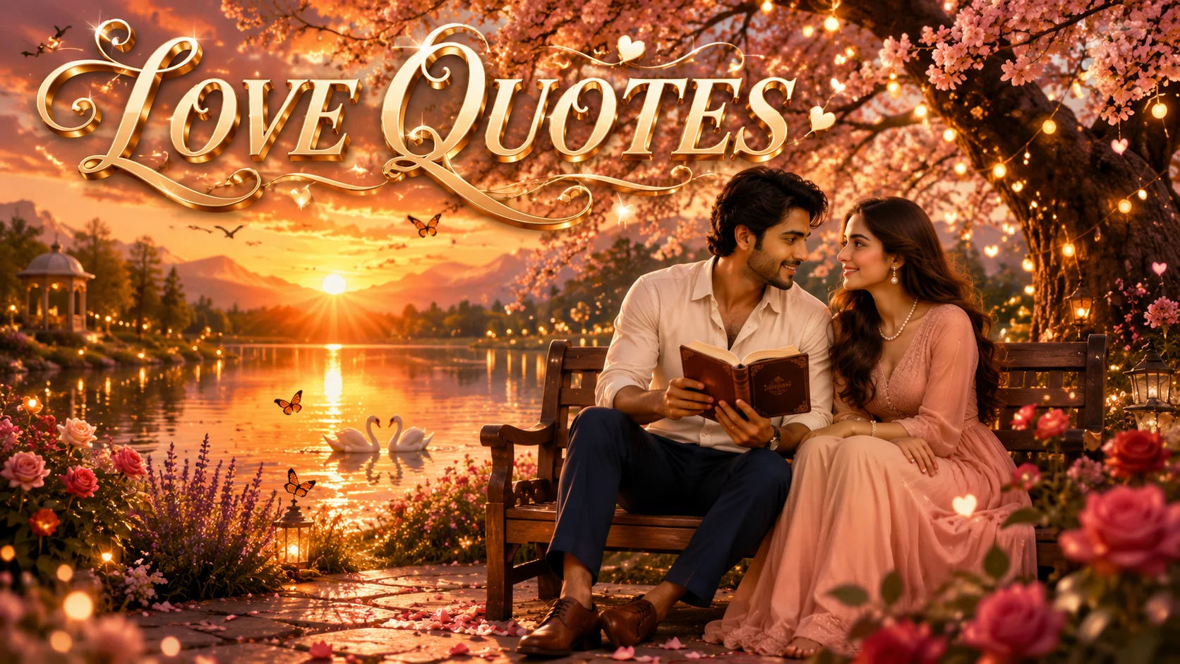 Love Quotes Shayari in Hindi featured image showing a romantic South Asian couple sitting on a wooden bench under cherry blossom trees by a peaceful lake at golden sunset, with elegant "LOVE QUOTES" text in a premium cinematic style.