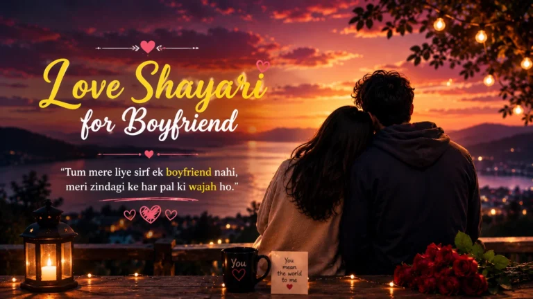 Love Shayari for Boyfriend featured image showing a romantic couple watching a beautiful sunset together, expressing deep love, affection, and lifelong companionship