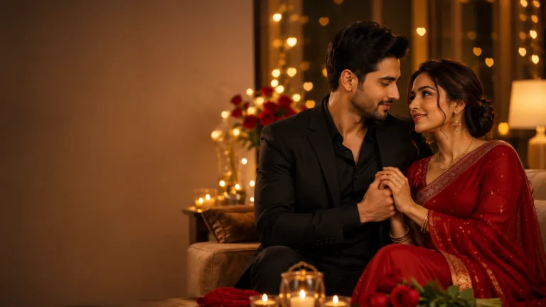 Love Shayari for Husband in Hindi Romantic married couple sharing a heartfelt moment in a luxurious living room, husband in a black suit and wife in a red saree surrounded by warm candlelight and fairy lights, representing love shayari for husband.