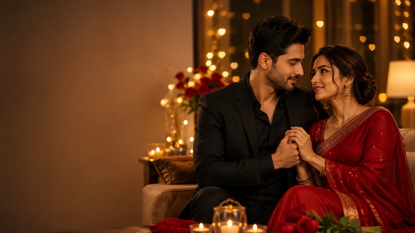 Love Shayari for Husband in Hindi Romantic married couple sharing a heartfelt moment in a luxurious living room, husband in a black suit and wife in a red saree surrounded by warm candlelight and fairy lights, representing love shayari for husband.