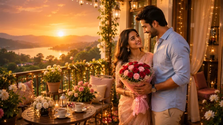 Love Shayari for Wife In Hindi Wife featured image of a loving husband giving a bouquet of roses to his wife on a romantic sunset balcony