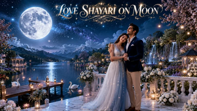 Love Shayari on Moon in Hindi Romantic South Asian couple embracing on a white marble terrace under a giant glowing full moon, overlooking a peaceful lake with swans, cherry blossoms, waterfalls, and the Milky Way, symbolizing eternal love and moonlight romance with the title 'LOVE SHAYARI ON MOON