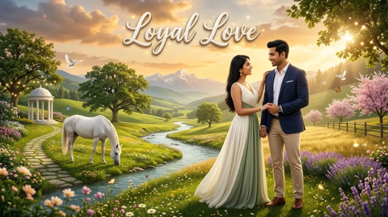Loyal Love Shayari in Hindi A romantic South Asian couple standing on a scenic hilltop holding hands with a white horse in the background and Loyal Love calligraphy text