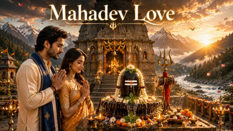 Mahadev Love Shayari in Hindi 2 Line featured image showing a South Asian couple praying before a beautifully decorated Shiva Lingam at a majestic Lord Shiva temple with the Himalayan mountains glowing at sunrise