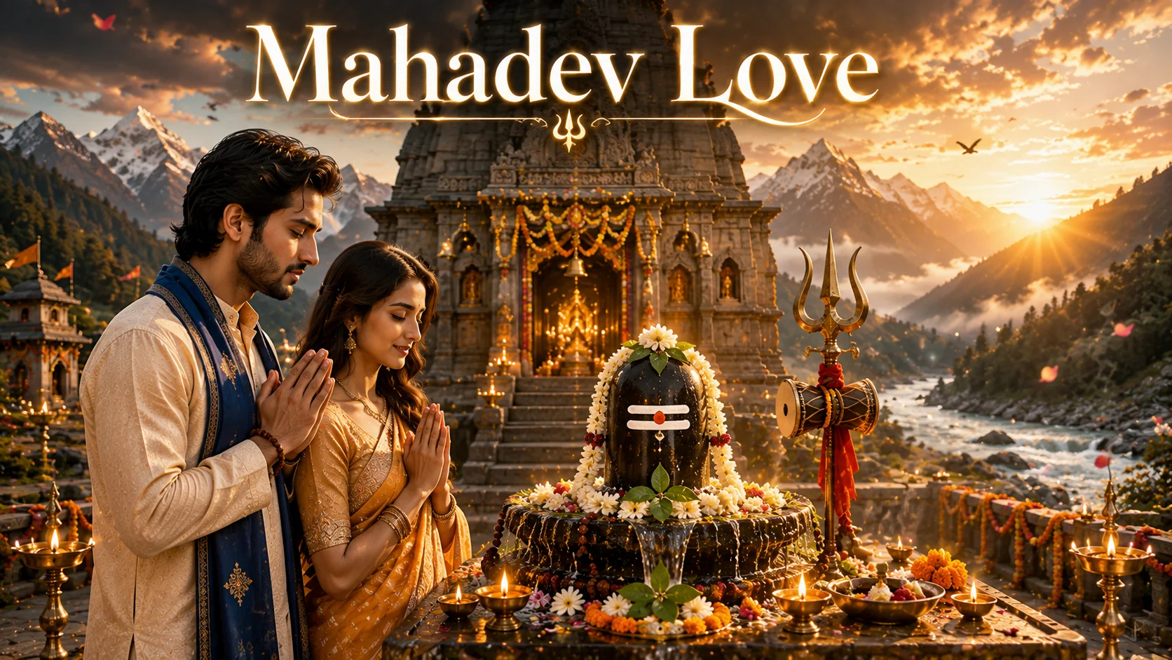 Mahadev Love Shayari in Hindi 2 Line featured image showing a South Asian couple praying before a beautifully decorated Shiva Lingam at a majestic Lord Shiva temple with the Himalayan mountains glowing at sunrise